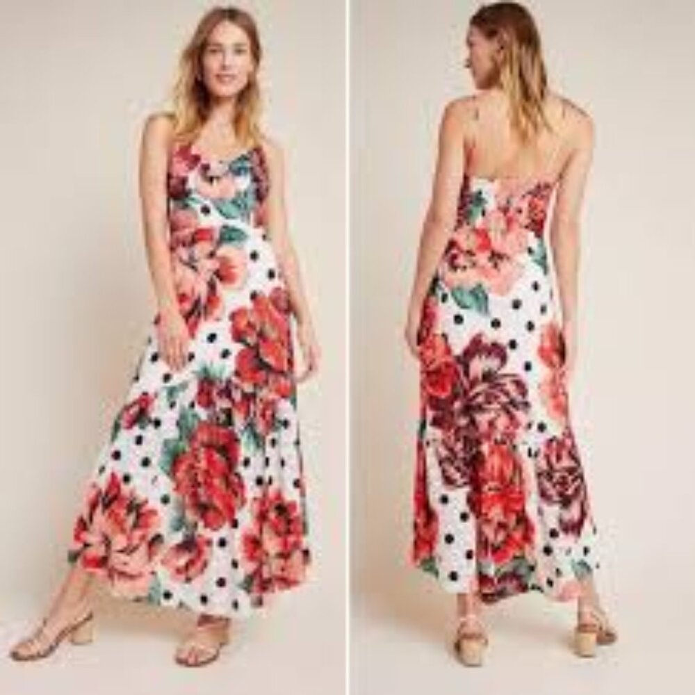 Farm Rio X Anthropologie Riviera Eyelet Maxi Dress 14 floral red boho sleeveless